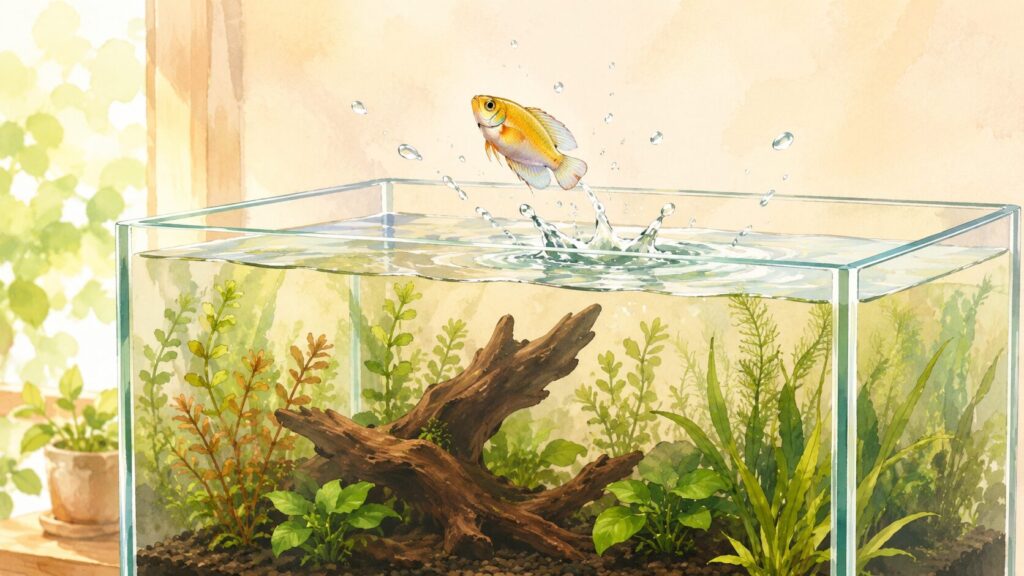フタのない水槽から魚が飛び出すイラスト