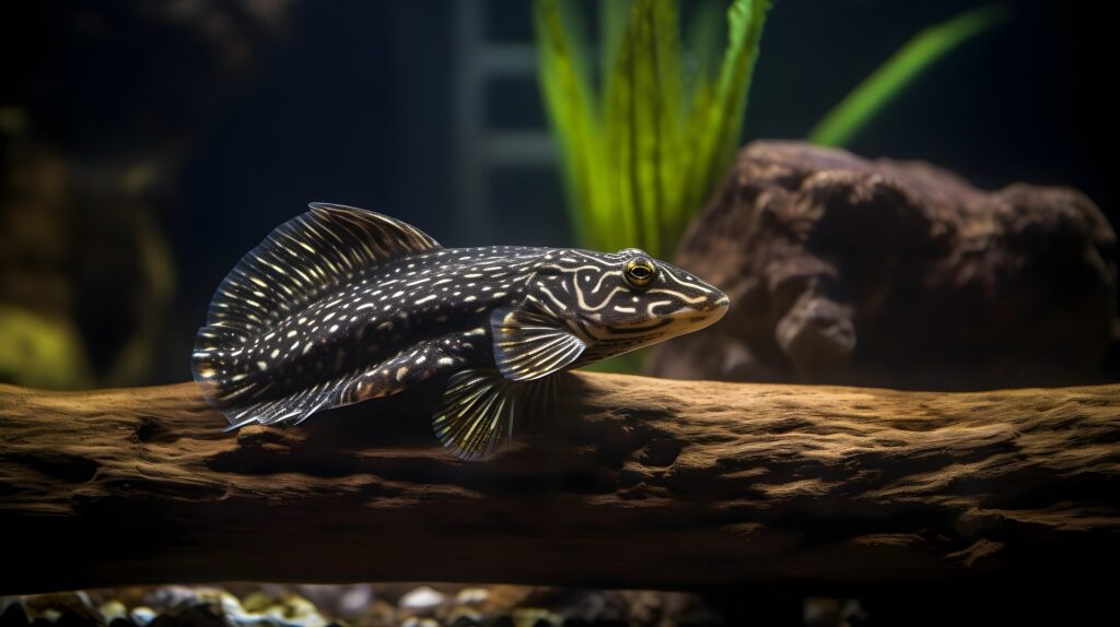 水槽内の流木で隠れる熱帯魚